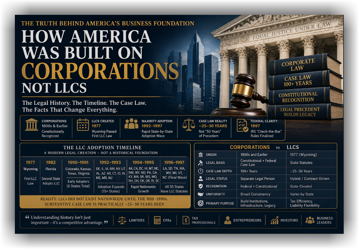 Comparison infographic showing corporations vs LLCs, highlighting legal basis, case law depth, and the historical timeline of LLC adoption across U.S. states