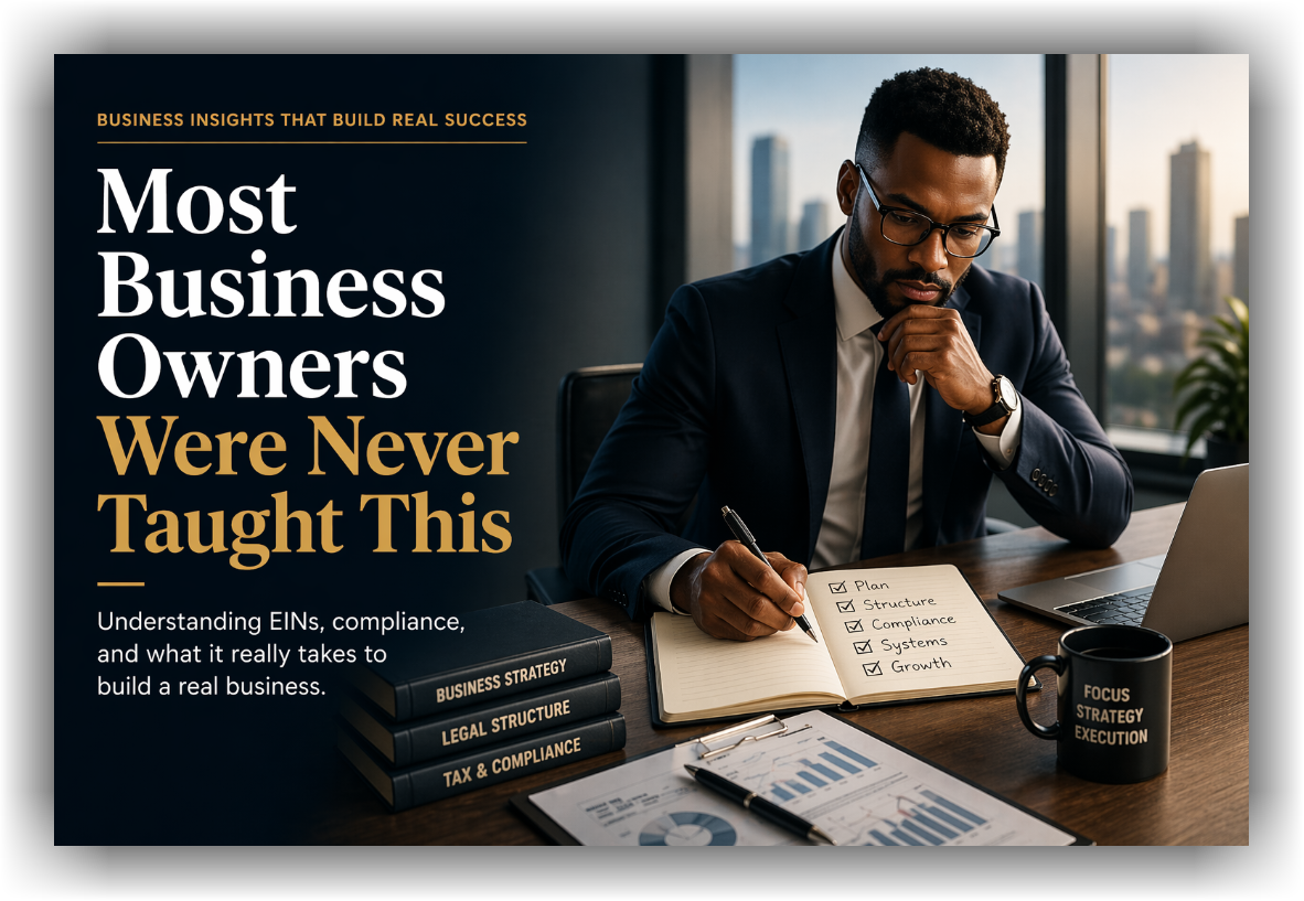 Business owner working at desk reviewing notes about EIN, compliance, and business structure fundamentals