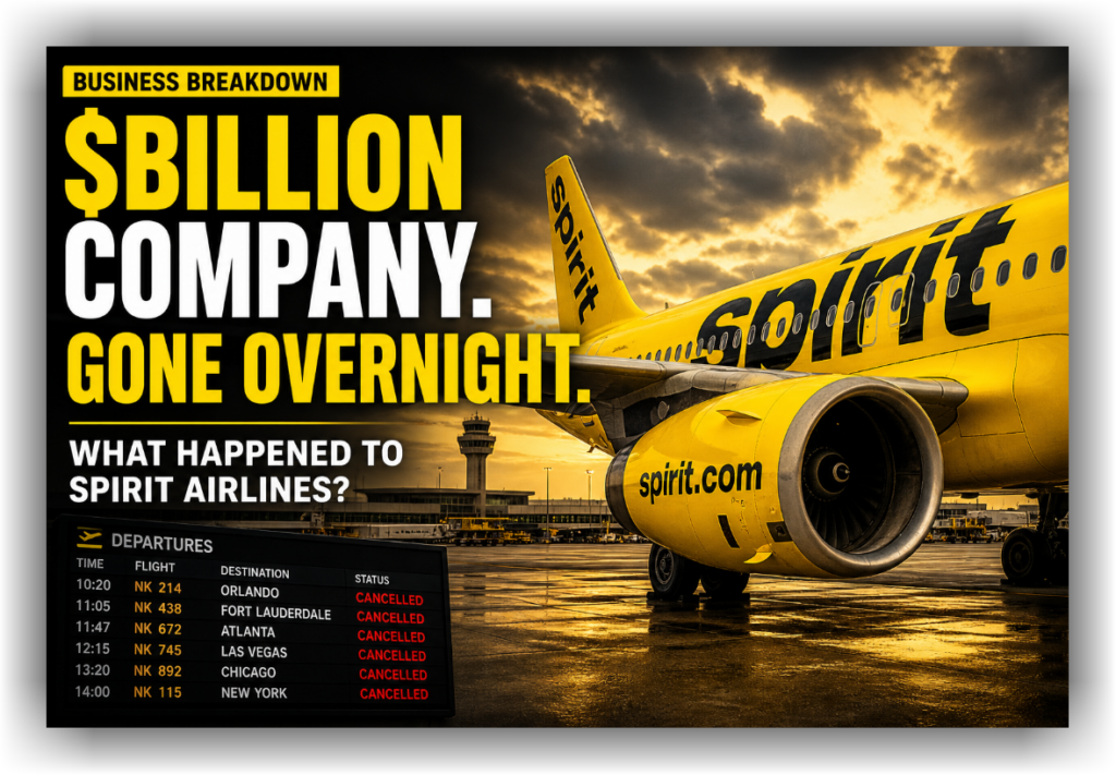 Spirit Airlines plane on runway with headline “$Billion Company Gone Overnight” illustrating the 2026 collapse of the airline and business failure case study