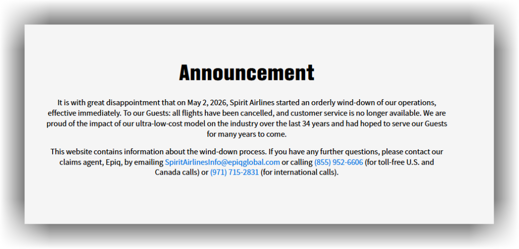 Official Spirit Airlines announcement dated May 2, 2026 showing immediate shutdown of operations, cancelled flights, and end of customer service