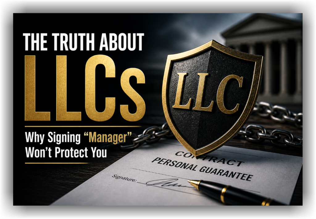 Illustration showing LLC liability risks, personal guarantees, and why signing as a manager does not protect business owners.