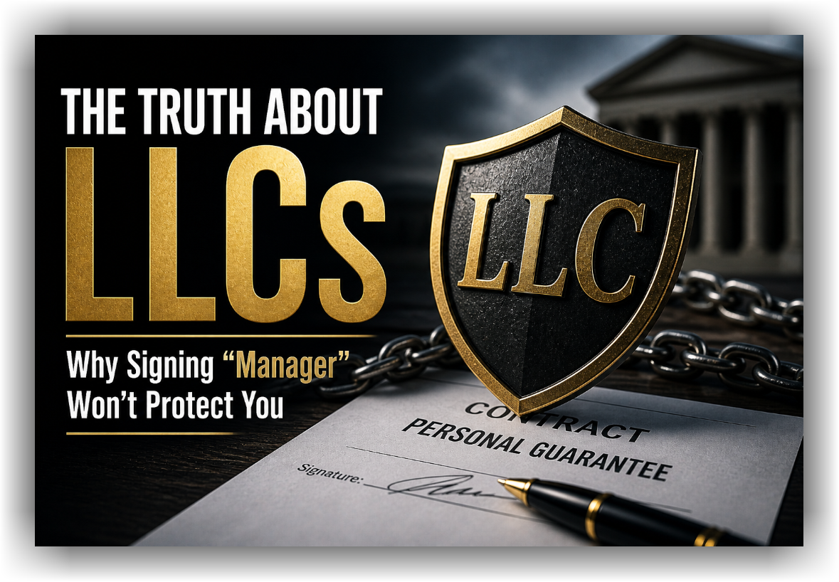 Illustration showing LLC liability, personal guarantees, and why signing as a manager does not protect business owners from personal liability.