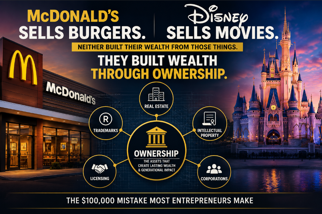 Illustration showing how McDonald's and Disney built wealth through ownership, including real estate, intellectual property, trademarks, licensing, and corporations rather than simply selling products and services.