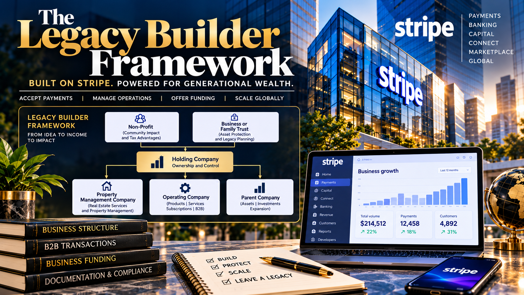 The Legacy Builder Framework featuring business structure, property management, holding and operating companies, and Stripe financial technology.